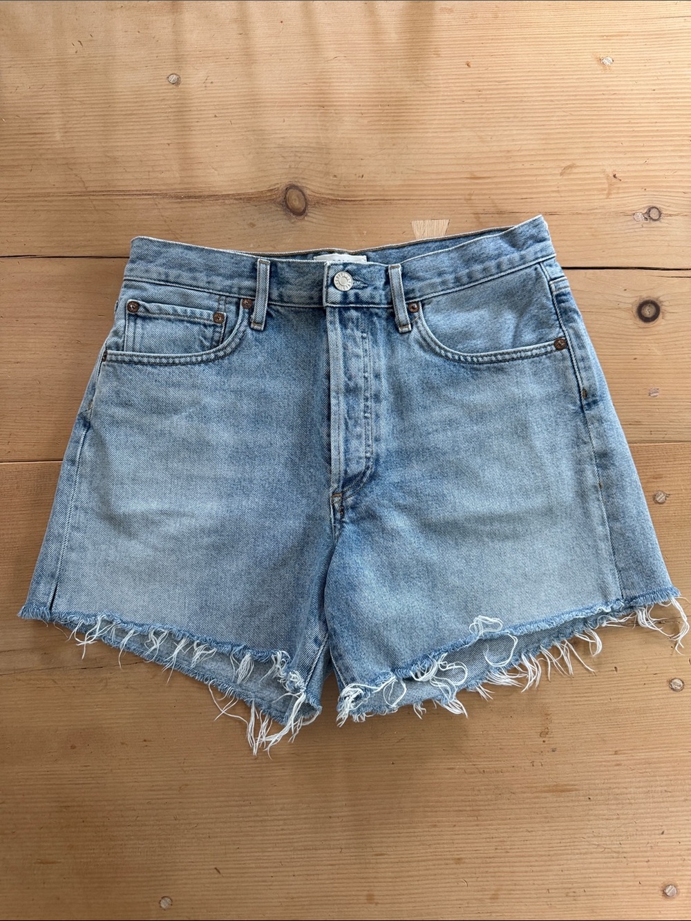 Agolde Light Blue High-Rise Frayed Hem Denim Shorts
